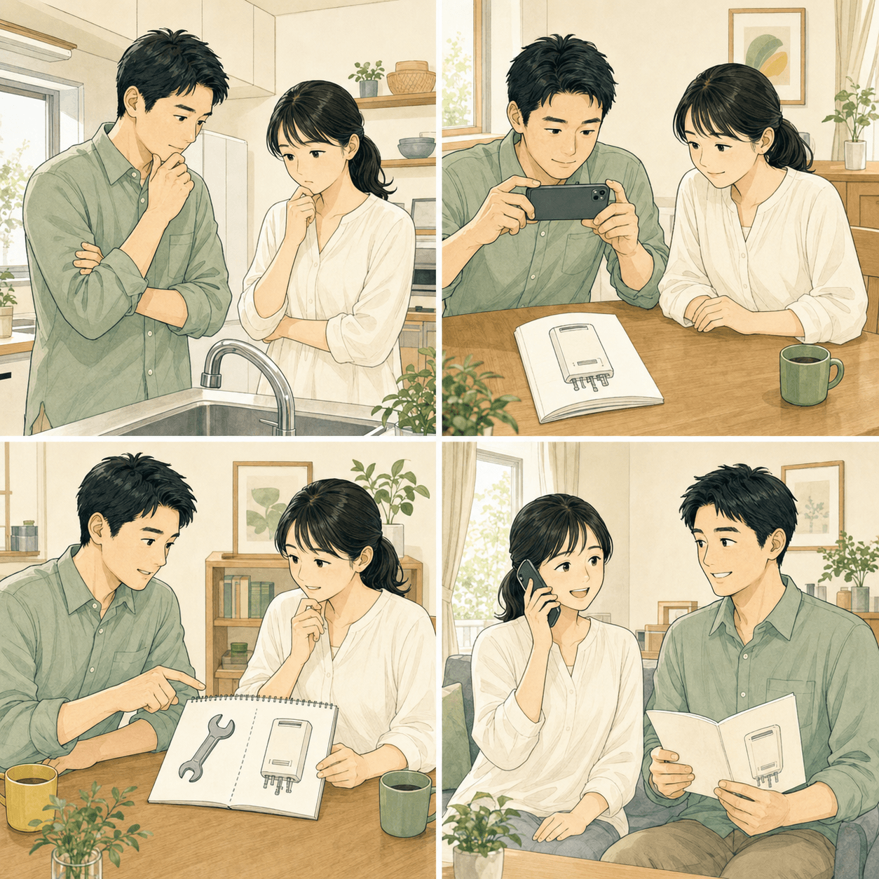 給湯の不調に気づき安全に状況を確認する夫婦