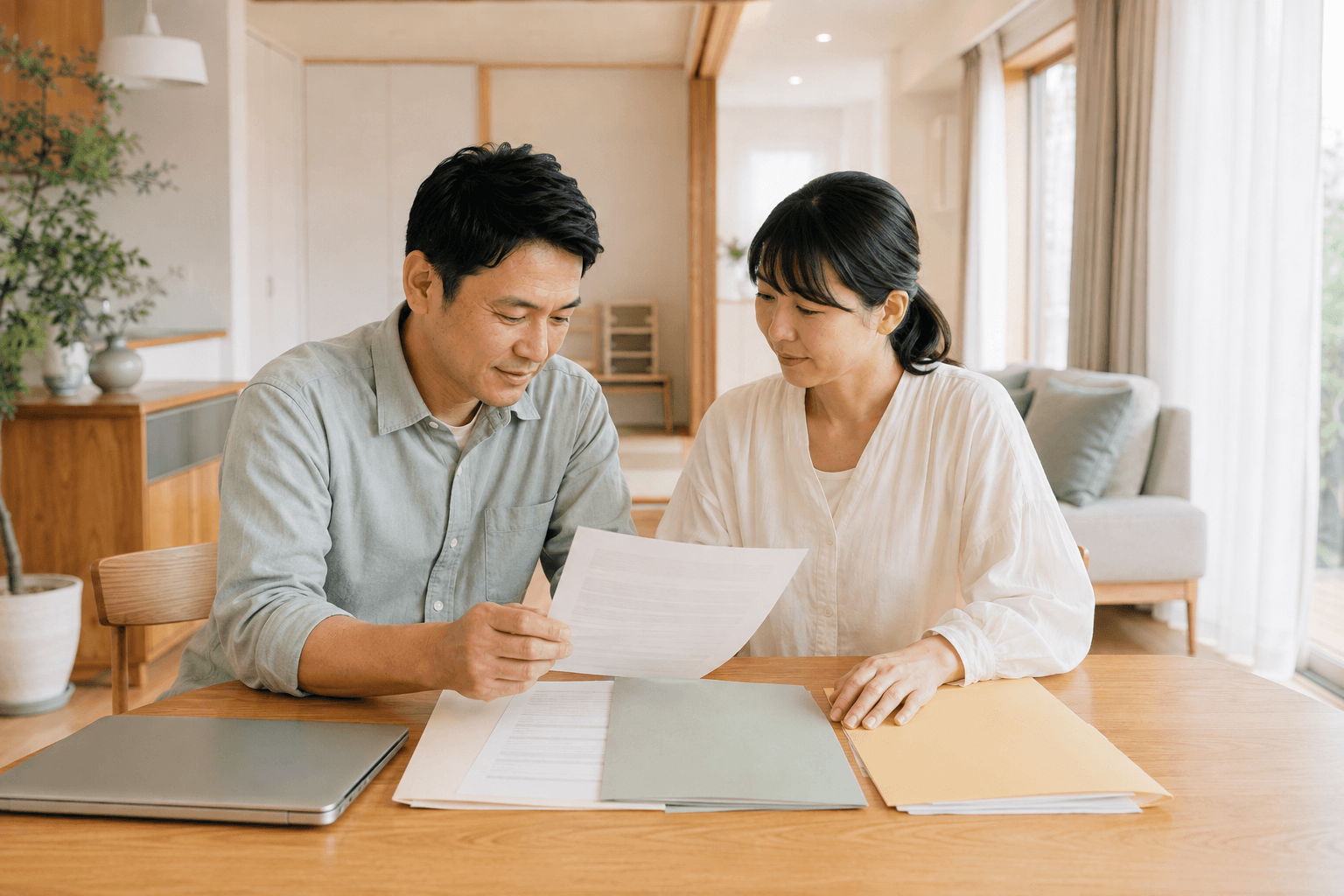 自宅で書類を確かめる夫婦