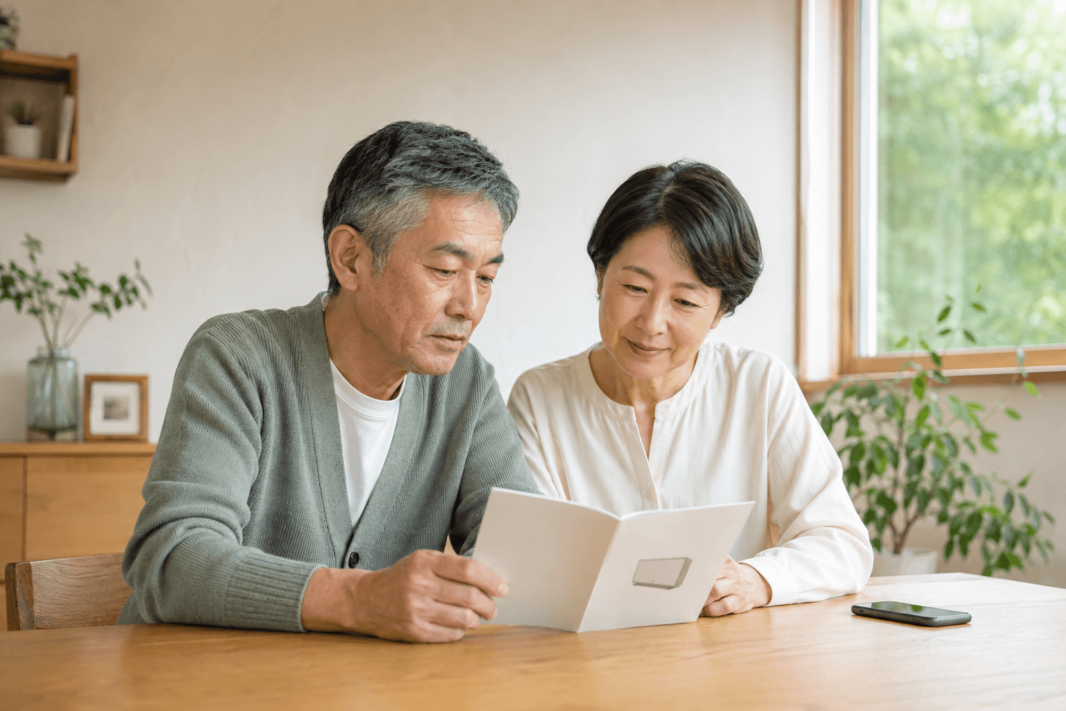 ダイニングで住宅設備の資料を見る夫婦