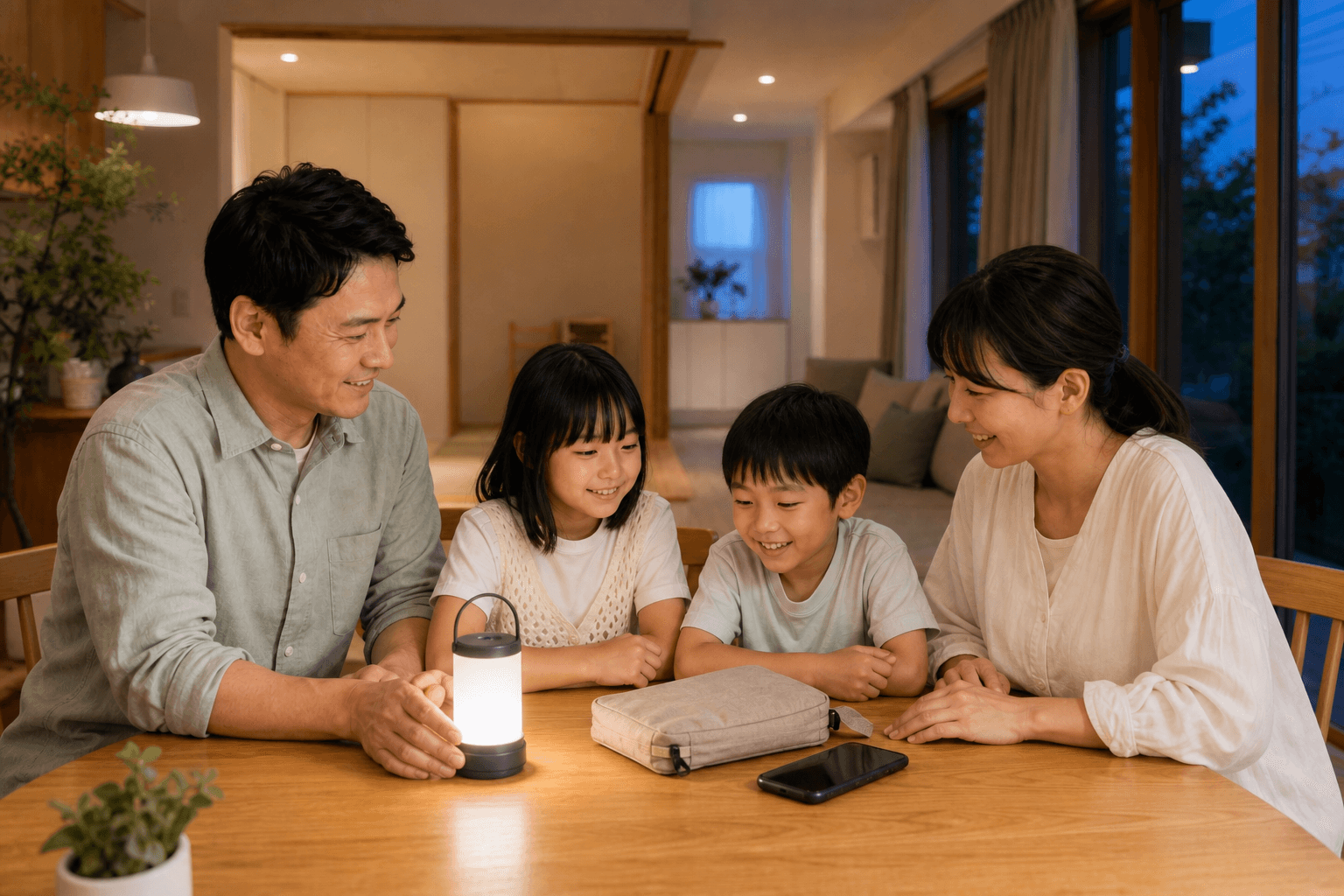 自宅で停電への備えを考える家族