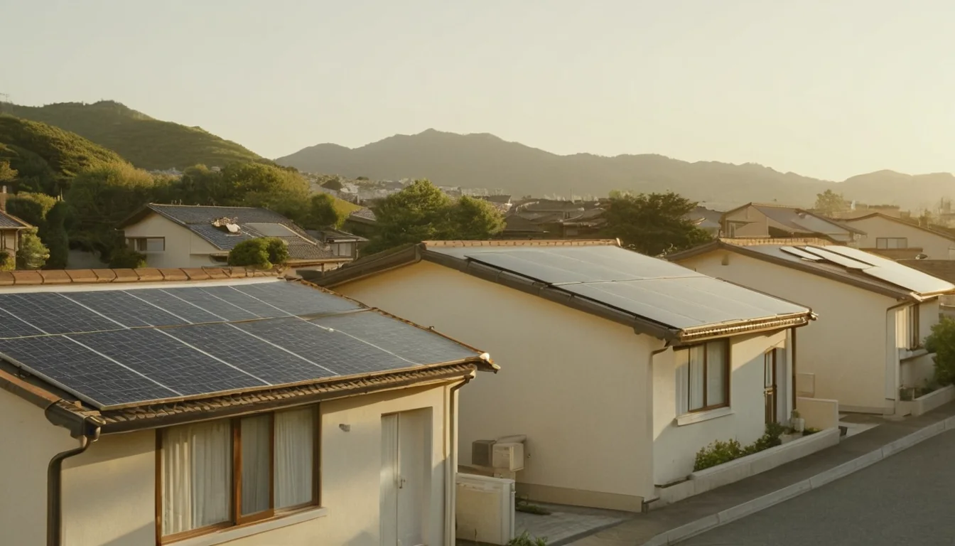 朝日に照らされた戸建て住宅街を横長に見渡した風景。いくつかの屋根に太陽光パネルが載っている
